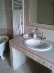 een badkamer met een wastafel, een toilet en een spiegel bij Agriturismo Spino Fiorito in Casola in Lunigiana