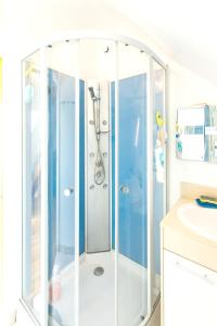 a shower with a glass door in a bathroom at Maison de 3 chambres avec jardin amenage et wifi a Ruille sur Loir in Ruillé-sur-Loir
