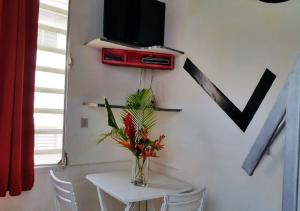 einen Tisch mit einer Blumenvase und einen TV an der Wand in der Unterkunft Appartement d'une chambre avec jardin amenage et wifi a Lamentin in Lamentin