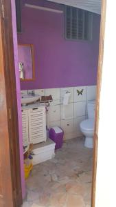 a bathroom with a toilet and a purple wall at Maison charmante à Sainte-Anne in Sainte-Anne +17 photos