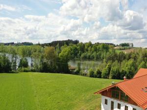 a large green field with a house and a lake at Rinser See-Hof in Söchtenau