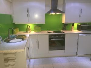 eine Küche mit grünen Wänden, weißen Schränken und einem Waschbecken in der Unterkunft Remarkable 1-Bed House NearZip World Snowdonia in Tanygrisiau