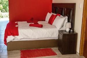 ウォルビスベイにあるStay Cleverly Self Catering Apartmentsの赤い枕2つと赤い壁のベッド