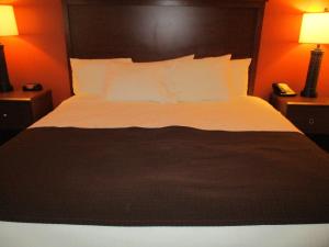 a bed with a white comforter and pillows at AmericInn by Wyndham Blackduck in Blackduck