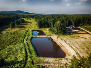 une vue aérienne d'un étang dans un champ dans l'établissement Komfortowy Leśny Dworek, à Snochowice