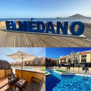 a collage of photos of a hotel sign and a pool at Bedroom Medanomar 1 in El Médano