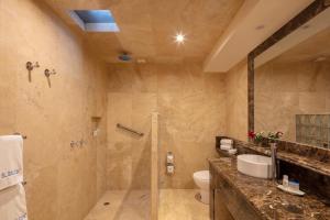 a bathroom with a shower and a toilet and a sink at Casa del Balcon in Baños