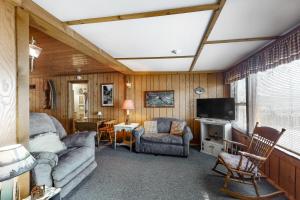 sala de estar con sofá y TV en Catfish Cottages, en Eagle River