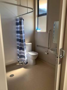 a bathroom with a toilet and a sink and a shower at Catlins Inn in Owaka