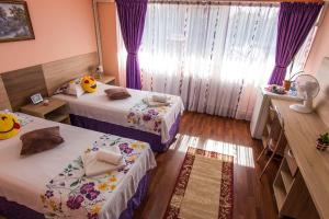 Cette chambre comprend 2 lits et une fenêtre avec des rideaux violets. dans l'établissement Casa Paul, à Galaţi