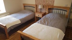 two twin beds in a bedroom with a lamp on a table at Apartment 3 bedroom banagher town centre in Banagher