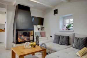 a living room with a fireplace and a couch at Casa mille olivi in Buzet
