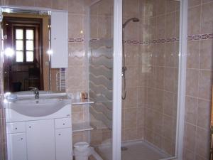 La salle de bains est pourvue d'une douche et d'un lavabo. dans l'établissement Les Grands Champs, à Attignat-Oncin