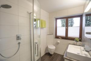 a bathroom with a shower and a toilet and a sink at Ferienwohnungen Alpentraum - bergZeit in Oberstdorf