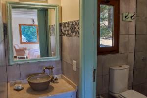 a bathroom with a sink and a toilet and a mirror at Cinco Sentidos Hosteria in Lago Meliquina