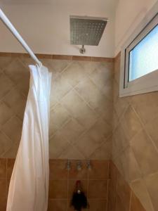 Una ducha con una cortina de ducha blanca en un baño. en Jujuy Downtown suite WIIFI, en San Salvador de Jujuy 11 fotos más