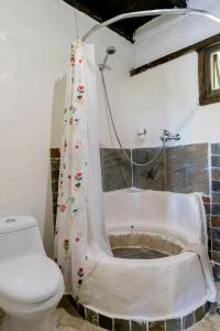 a bathroom with a toilet and a shower curtain at Villa Pajon Eco Lodge in Constanza