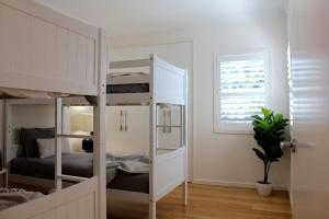 une chambre avec deux lits superposés et une fenêtre dans l'établissement Ayada Villa - Pet Friendly - 1 Min to Beach, à Culburra Beach