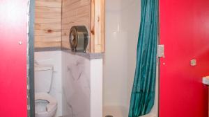 a bathroom with a toilet and a green shower curtain at OK RV Park Glamping Tipi OK54 in Moab