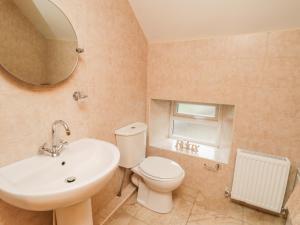 a bathroom with a toilet and a sink and a mirror at Barnaby Cottage in Yarm +16 photos