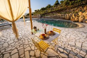 a table with chairs and an umbrella next to a pool at Casa Stones B&B in Cugnana