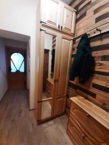 a room with a mirror and a wooden wall at Apartamenty na Szlaku in Czarny Dunajec