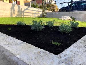 a garden with black soil and plants in a yard at Villa Boiky - private pool and amazing sea view, Istria in Materada