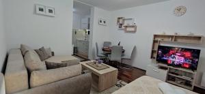 a living room with a couch and a tv at Apartman Temida Lux in Vrnjačka Banja