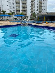 a swimming pool with a dolphin in the water at Apartamento LAGOA QUENTE FLAT SERVICE in Caldas Novas