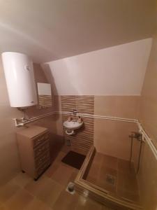 a small bathroom with a sink and a shower at Golija Vikend kuća Milenković in Raška +33 photos