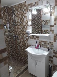a bathroom with a sink and a shower with a mirror at Casa Victoria Anina in Anina +25 photos