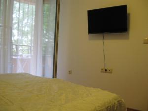 a bedroom with a bed and a flat screen tv on the wall at Апартаменты Aphrodite Roce in Sunny Beach