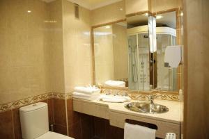 a bathroom with a toilet, sink, and mirror at Hotel HHB Pontevedra Confort in Pontevedra