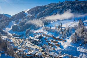 - une vue aérienne sur un complexe dans la neige dans l'établissement Chalet Dorf Wagrain Alpenleben by AlpenTravel, à Wagrain