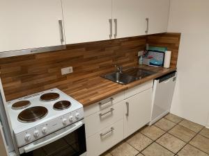 a kitchen with a stove and a sink at Frisiastraße 21 in Norderney