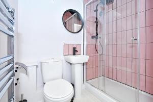 La salle de bains est pourvue de toilettes, d'un lavabo et d'une douche. dans l'établissement Townhouse PLUS @ Lower Beth Street Stoke, à Etruria