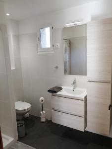 une salle de bain blanche avec un lavabo et des toilettes dans l'établissement LES 3 HIRONDELLES, à Pont-Saint-Esprit