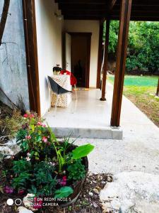 un porche de una casa con una mesa y flores en אירוח בכפר ורדים גברת פלפלת en Kefar Weradim