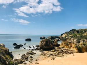 a view of a beach with rocks and the ocean at Apartamentos Borda D´Agua in Albufeira