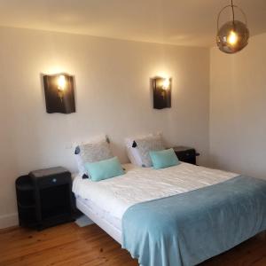 a bedroom with a bed with two blue pillows at Le gîte de la Vieille Eglise de Coussergues in Coussergues