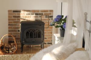 a fireplace in a living room with a stove at Villa Sofia Boutique Trakai in Trakai