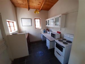 a kitchen with a stove and a counter top at The Owlhouse Backpackers in Nieu-Bethesda