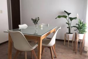uma mesa de jantar com cadeiras brancas e plantas em Departamento céntrico- Tandil em Tandil