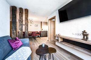 奧伯古格爾的住宿－Das Apart Rauch Gurgl，客厅配有蓝色的沙发和电视