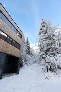 un edificio en la nieve junto a un árbol en Chata Zázvor en Tale