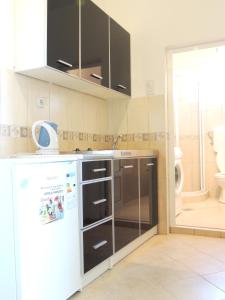 uma cozinha com um frigorífico branco e armários pretos em 2 bedrooms apartement with sea view enclosed garden and wifi at Ulcinj 1 km away from the beach em Ulcinj