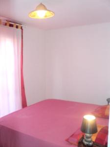 Dormitorio con cama rosa y lámpara en Appartement de 2 chambres avec piscine partagee jacuzzi et jardin clos a Bois De Nefles Saint Paul, en Le Bois de Nèfles
