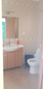 a bathroom with a toilet and a sink and a mirror at Modern house in Altura with terrace and city view in Altura +15 photos