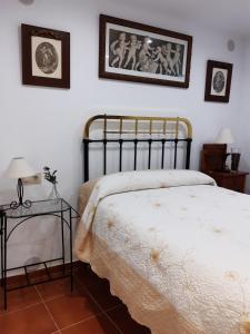 瓜達盧佩的住宿－Casa Rural Fray Eloy，一间卧室配有一张床和一张边桌