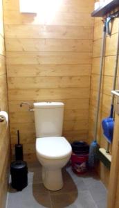 łazienka z toaletą w drewnianej ścianie w obiekcie Maison de 2 chambres a Notre Dame de Bellecombe a 100 m des pistes avec jardin amenage et wifi w mieście Notre-Dame-de-Bellecombe